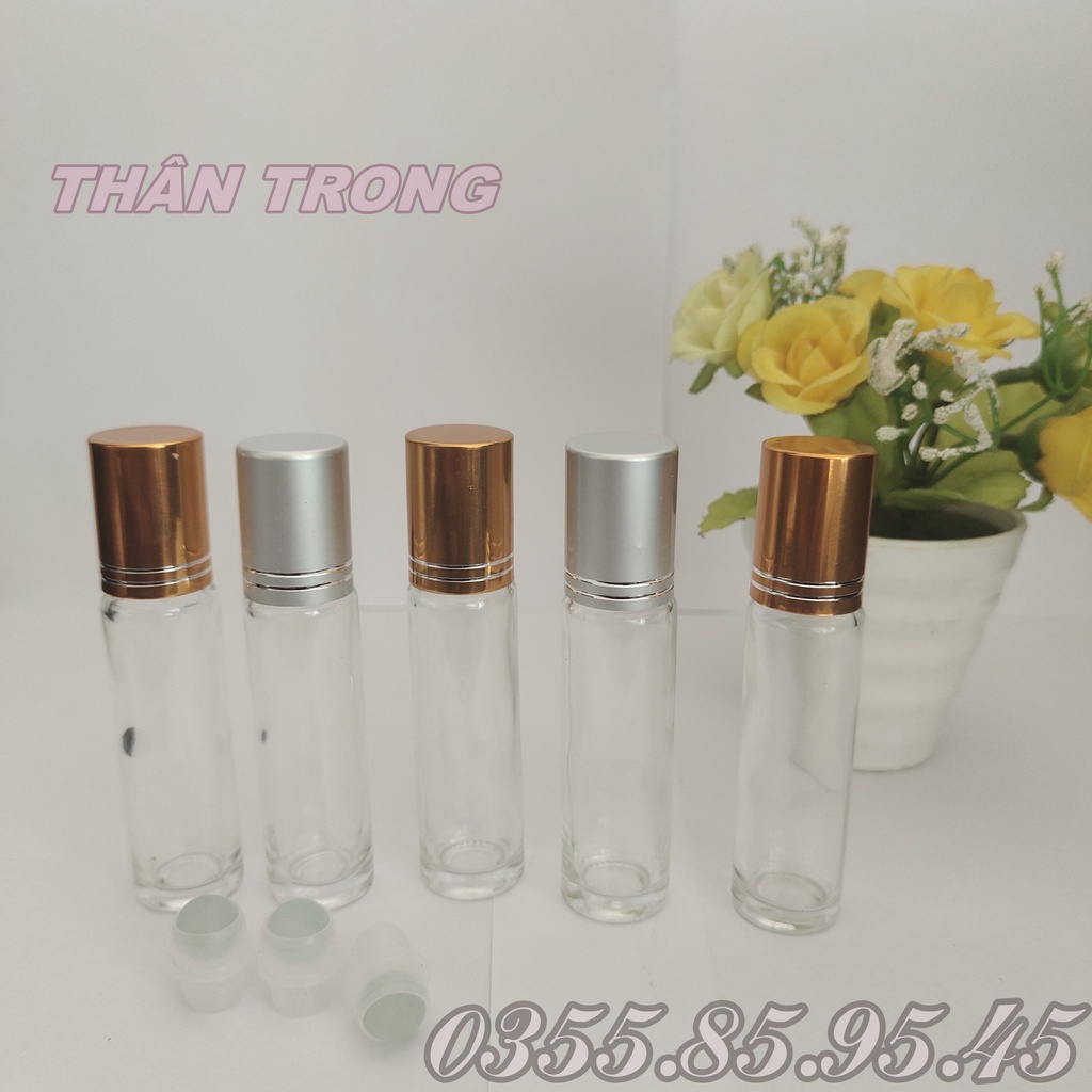 Vỏ bi lăn 10ml thủy tinh thân mờ nắp bạc, vàng - Chai lọ chiết nước hoa, dầu dừa, phễu mini, mỹ phẩm du lịch