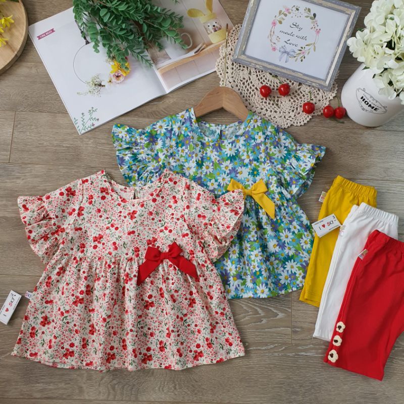 Bộ áo váy hoa nhí rực rỡ ghép quần legging xinh bé gái/khách tùy chọn màu quần ghép bộ