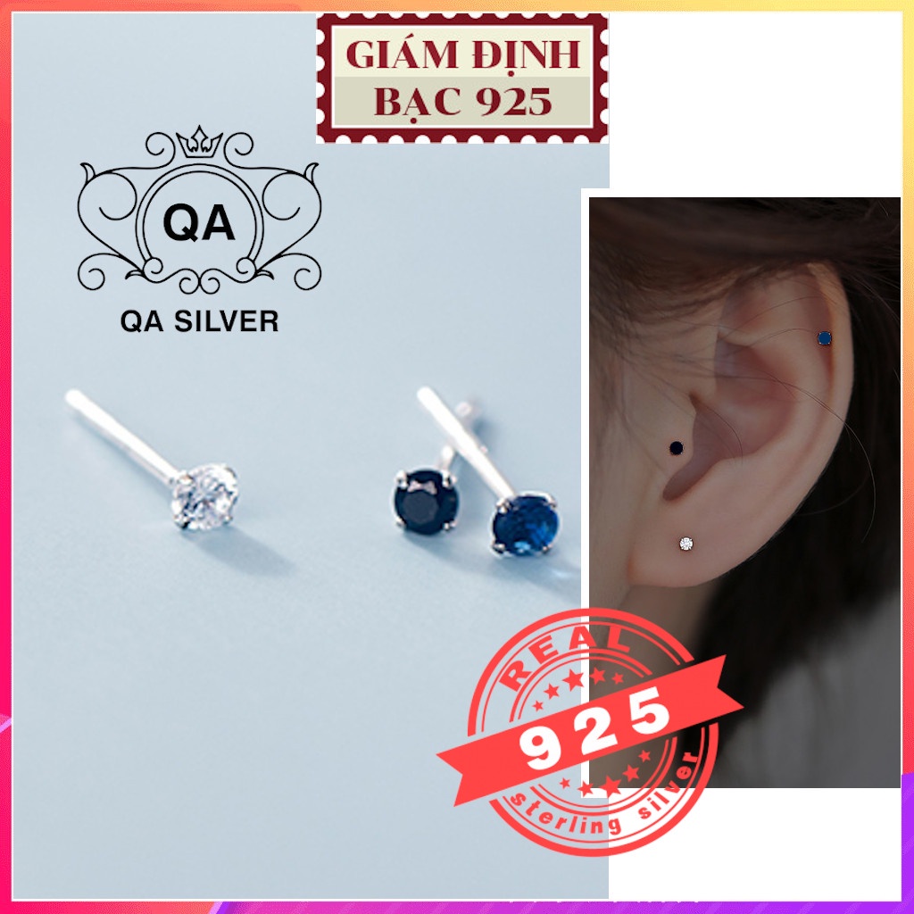 Bông tai bạc nụ đá nhỏ nam nữ 4 chấu khuyên tai mini trắng đen xanh S925 MINIMAL Silver Earrings QA SILVER EA200603