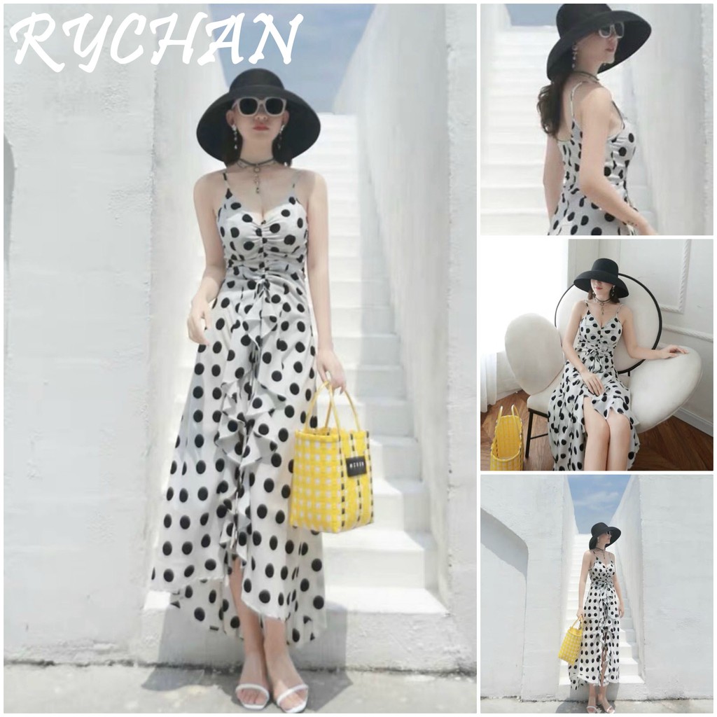 Đầm Xòe Maxi Hai Dây Chấm Bi Rút Ngực Phối Bèo - DM014 | BigBuy360 - bigbuy360.vn