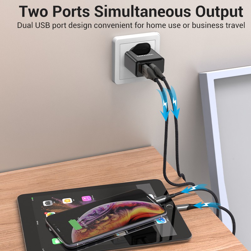 Wall Charger Vention UK-Plug Two Ports USB Quick Charge 3.0 18W