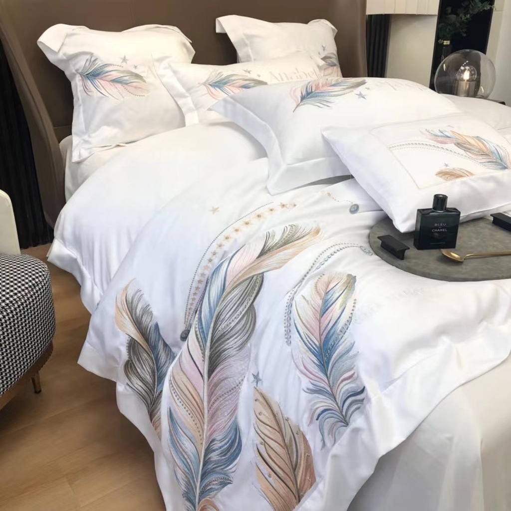 Bộ chăn ga gối lụa silk thêu long vũ cao cấp- Chất lụa silk mềm mượt không nhăn,họa tiết thêu sắc nét