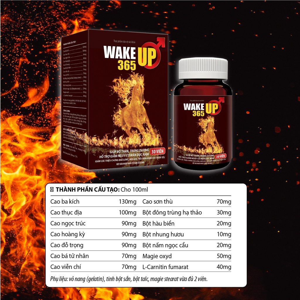 Viên Uống Bổ Thận Tráng Dương Green Heart Pharma Wake Up 365 Lọ 30 viên
