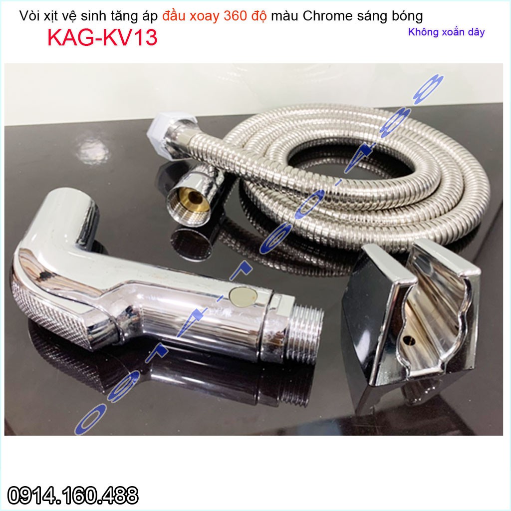 Vòi xịt vệ sinh KAG-KV13 xoay 360 độ dây không xoắn, vòi rửa ấn tay bồn cầu Crom bóng tia nước mạnh chịu áp lực