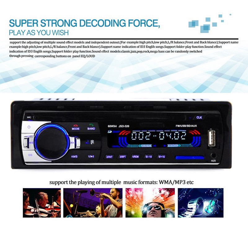 Máy nghe nhạc mp3 4x60w hỗ trợ nghe radio FM 12V AUX bluetooth cho xe hơi