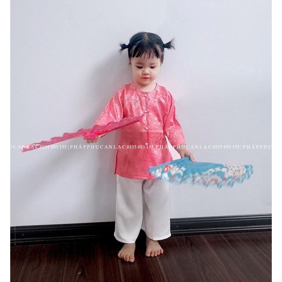 Bộ bà ba cho bé gái thiết kế AN LẠC FASHION, bộ áo hồng sen và quần đen, trắng lụa gấm cao cấp mềm mịn, thoáng mát