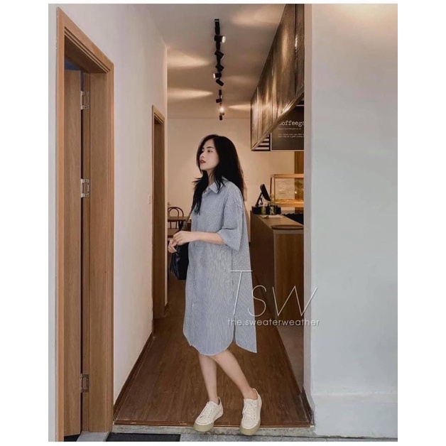 Đầm kẻ sọc, váy kẻ sọc cổ sơ mi, tay lỡ kiểu dáng Hàn Quốc, freesize 45-60Kg