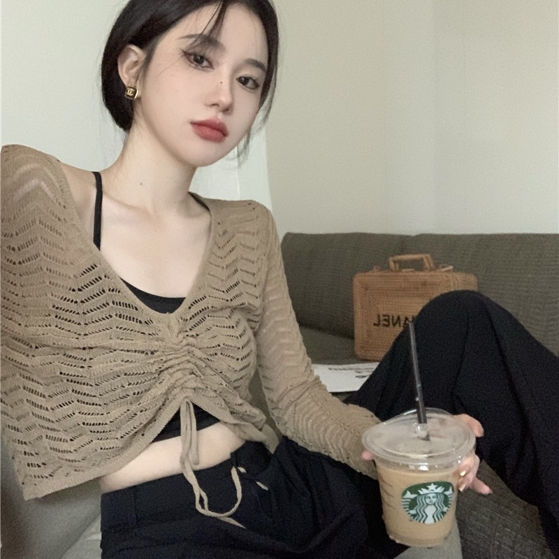 SUXI Áo Dệt Kim Tay Dài Cổ Chữ V Phối Dây Rút Màu Sắc Trơn Phong Cách Hàn Quốc Dành Cho Nữ