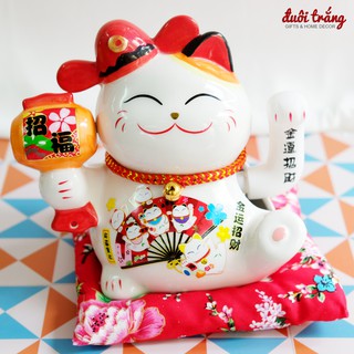 Mèo Thần tài sứ Vẫy tay 16cm - Mũ Quan đỏ