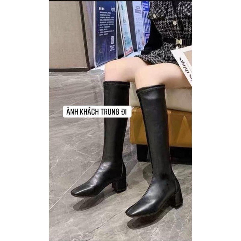 Bốt đùi cao cổ Da mềm khóa sau cao cấp TẶNG KÈM tất-Boot đế vuông 5 cm thời trang mùa đông size 39 form nhỏ