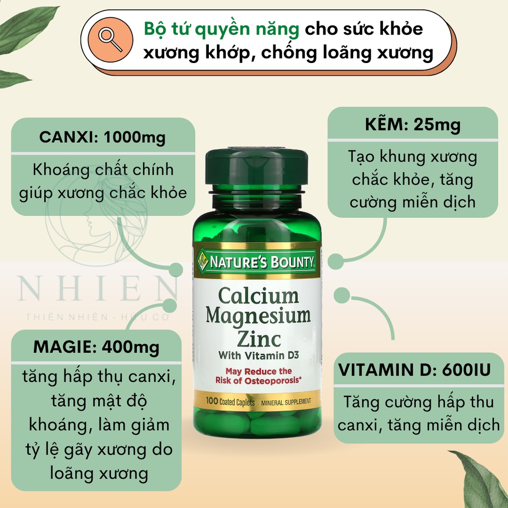 Viên uống Canxi magie Nature bounty bổ xương khớp, phòng ngừa loãng xương, giảm viêm khớp 100 viên
