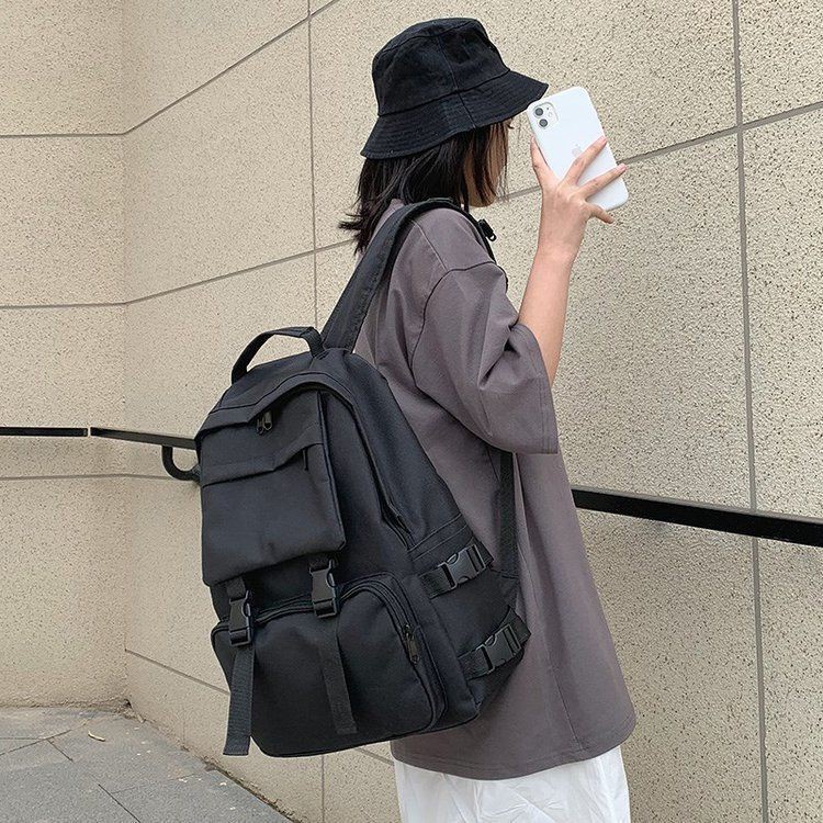Balo Nam Nữ Màu Đen Cá Tính ULZZANG Basic Đi Học Cặp Sách Học Sinh Cứng Chống Nước GUMIDO