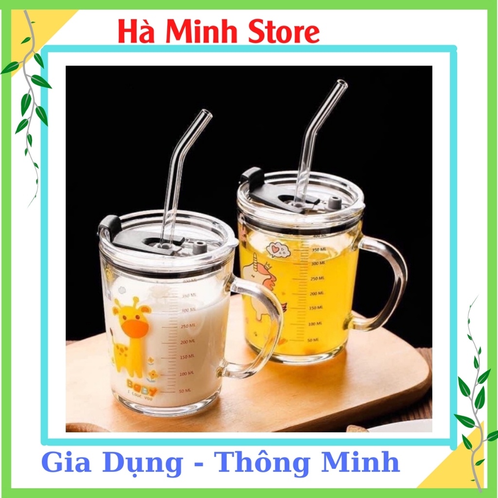 Cốc Thủy Tinh Chia Vạch, Cốc Pha Sữa, Ly Thủy Tinh Chia Vạch, Cốc Uống Nước Cho Bé Có Ông Hút, Nấp Đậy Hà Minh Store