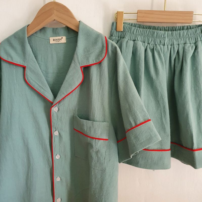 Pyjama mặc nhà đùi thô đũi cara xanh ngọc viền đỏ