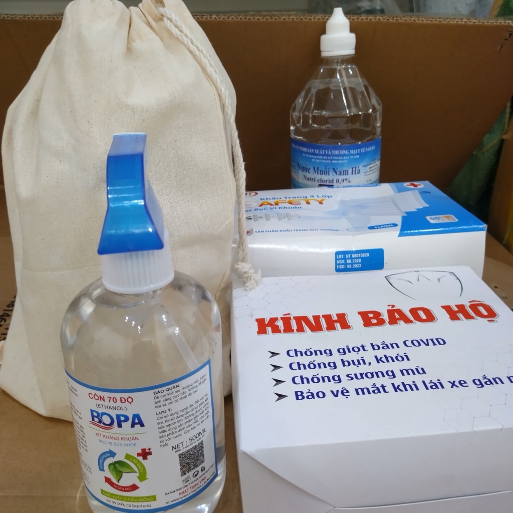 Túi Bảo Hộ | COMBO Khẩu Trang Cồn Nước Muối Kính Bảo Hộ | An Toàn Tiện Dụng | 4 in Túi