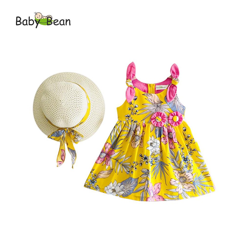 Đầm Lụa Nơ Vai Eo đính Hoa bé gái BabyBean (kèm Nón)