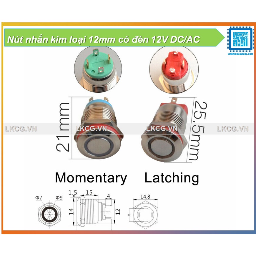 Nút nhấn kim loại 12mm có đèn 12V