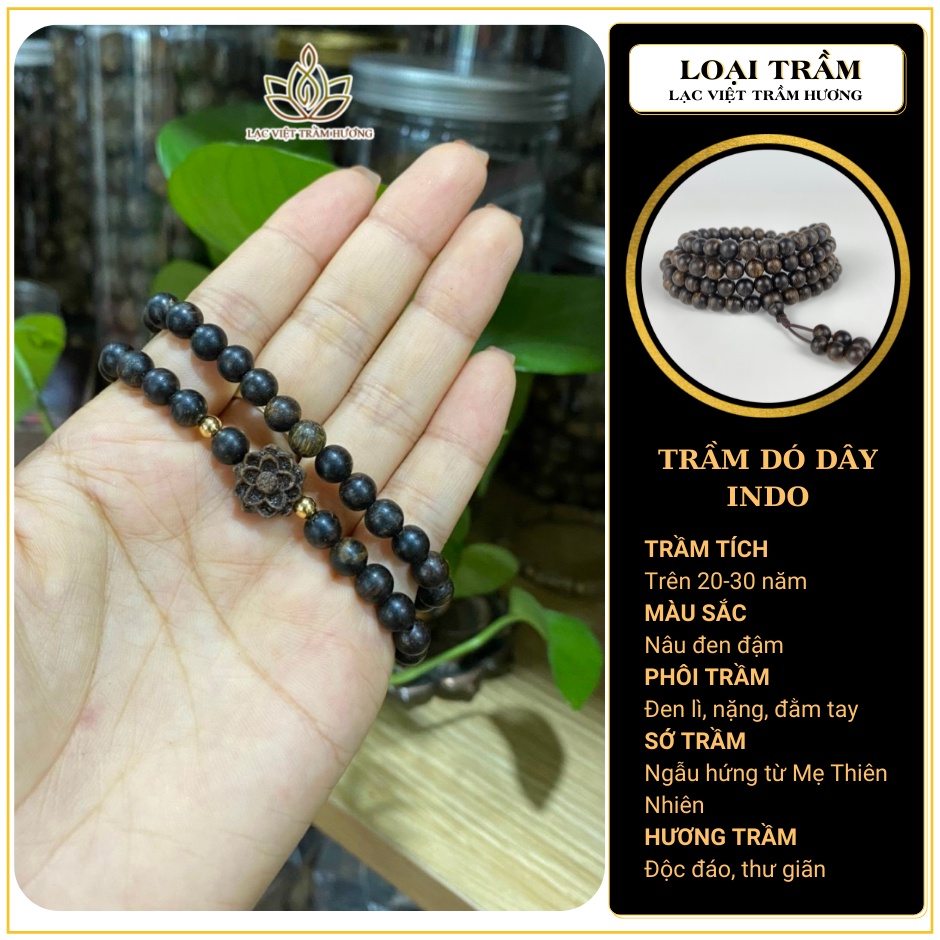 Vòng Tay Trầm Hương Dó Dây Indo 54 Hạt 6mm Kết Hợp Hoa Sen Hoa Sen Trầm Sánh Chìm - Lạc Việt Trầm Hương