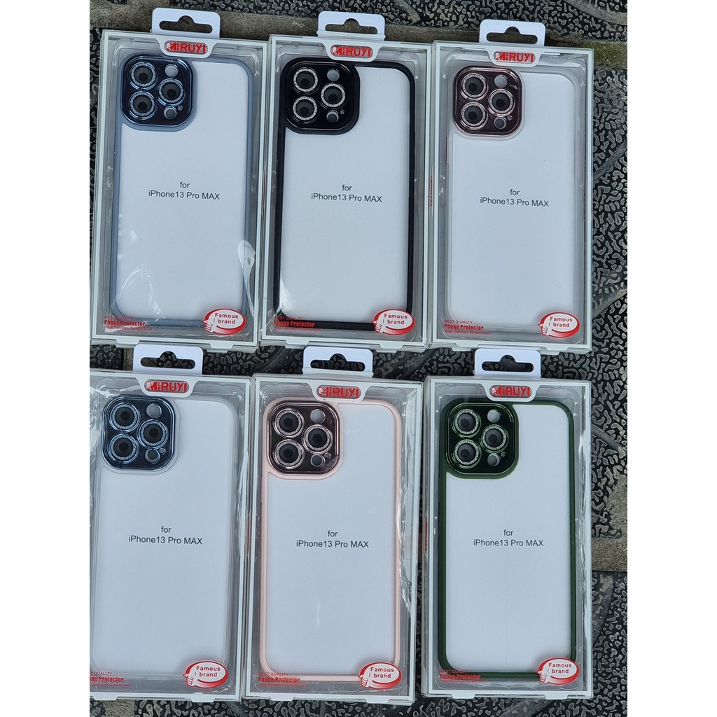 Ốp Miruyi kính trong viền màu camera gắn đá nhũ cho iPhone 13 / 13 Pro / 13 Pro Max sang trọng