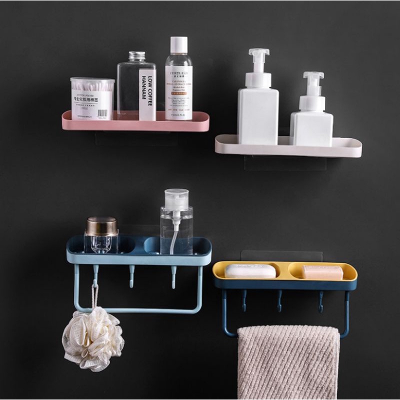Kệ Để Xà Phòng 2 Ngăn Kèm 3 Móc Và Thanh Treo Khăn Dán Tường,,,