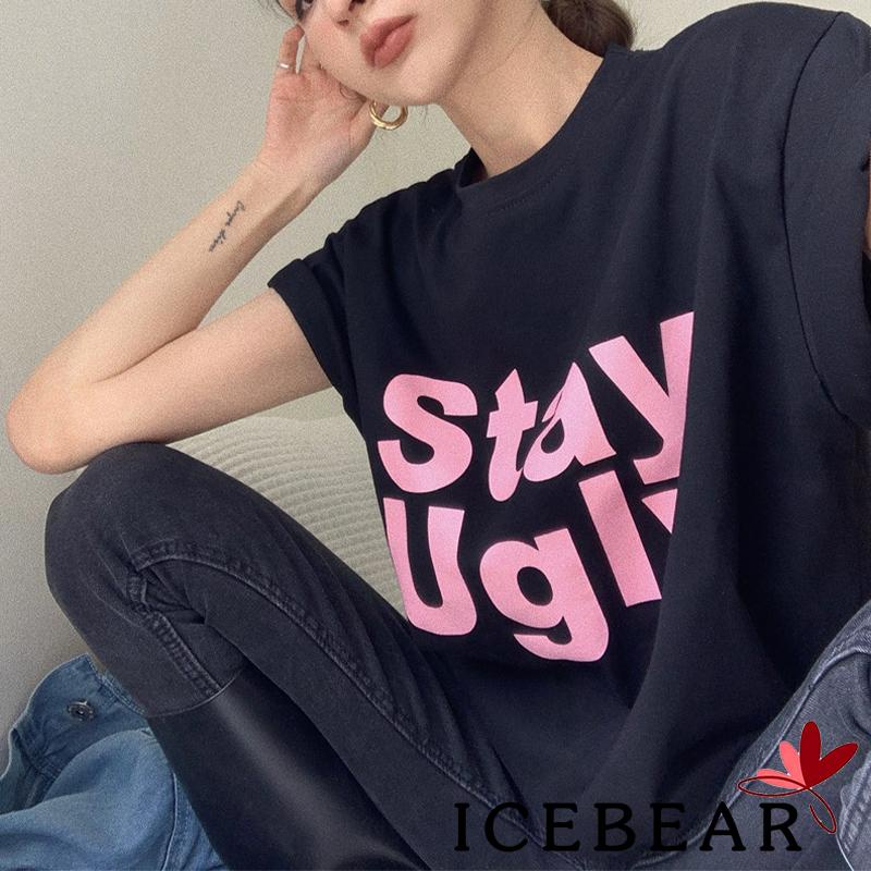 ICE-Women´s Short Sleeve T-shirts Letter Print Loose Casual Pullover Tops Blouse Streetwear