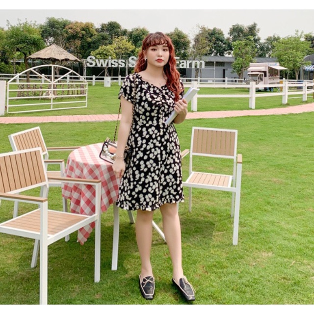 Đầm xoè big size bẹt vai in hoa cúc size lớn 60-100kg