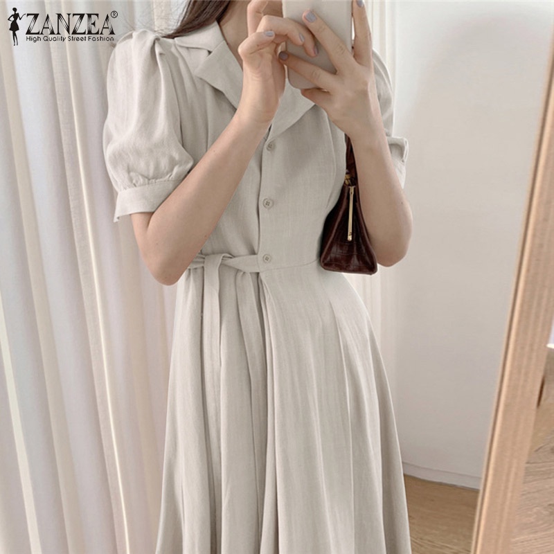 Đầm dài Zanzea tay phồng ngắn màu trơn phong cách Hàn Quốc thanh lịch cho nữ