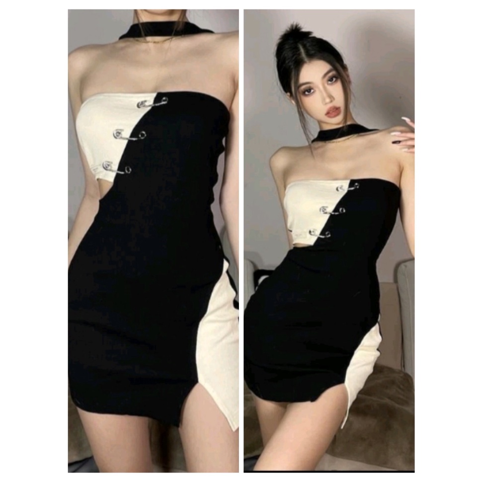 Đầm ôm body phối đọc lạ chất thun Gân dày dặn co giãn 4 chiều