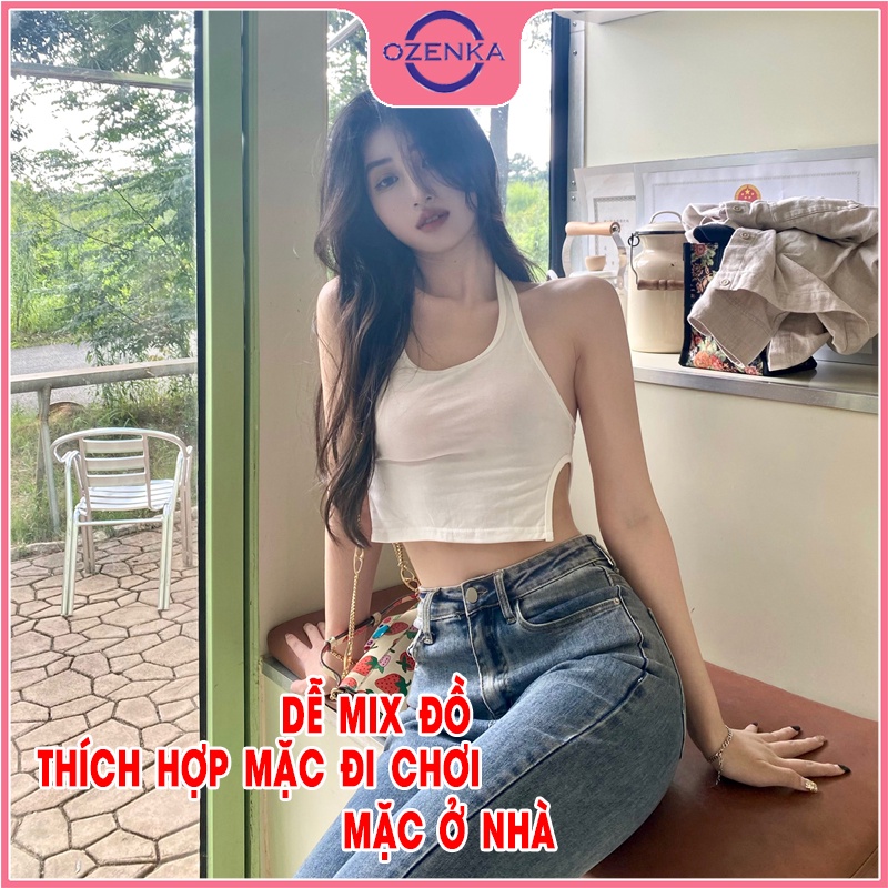 Áo ba lỗ nữ croptop ôm gợi cảm OZENKA , ao thun sát nách sẻ gấu hở lưng sang chảnh mặc đi chơi đi biển màu đen trắng