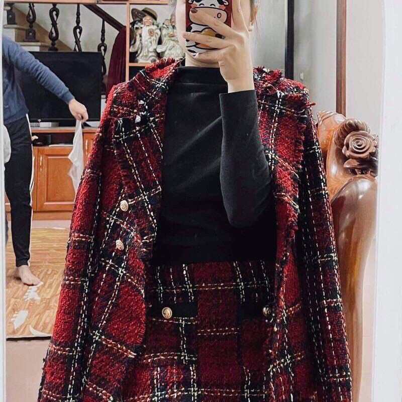 Set dạ đỏ mận kẻ sọc thiết kế sang chảnh tiểu thư hàng cao cấp | BigBuy360 - bigbuy360.vn