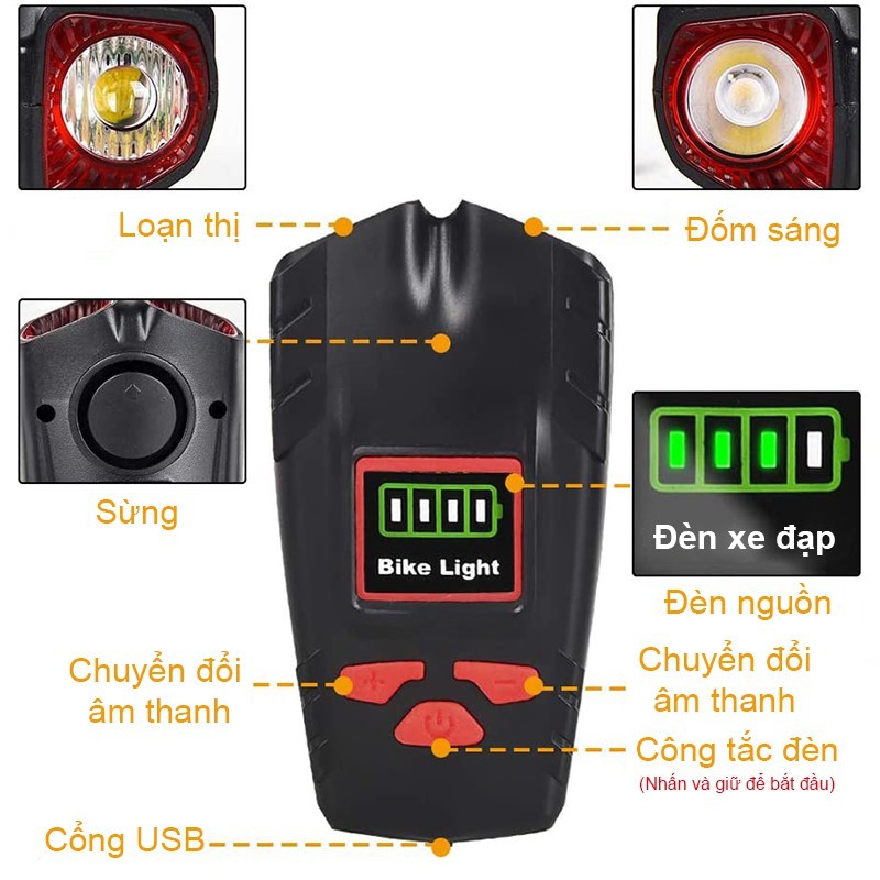 Đèn pha xe đạp 1000 lumen 6 âm thanh kèm dây cáp và 3 chế độ 5