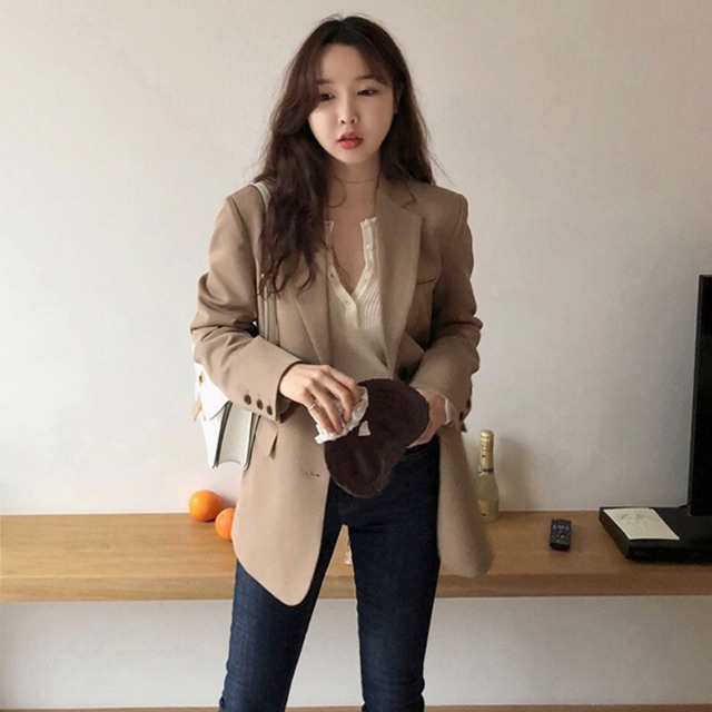Sẵn Nâu-S,LẢnh thật 6 hình cuối-Áo blazer thời trang xuân thu Hàn Quốc