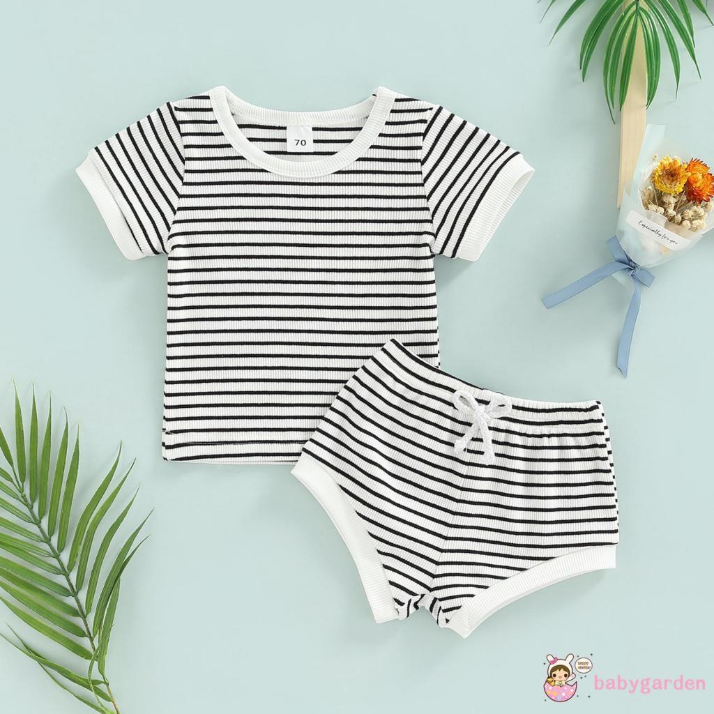 Bộ Áo Thun Ngắn Tay Cổ Tròn Kẻ Sọc + Quần Short Thời Trang Mùa Hè Cho Bé 0-24 Tháng Tuổi