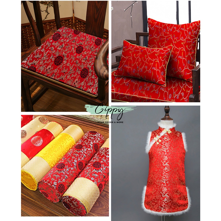 Vải gấm đỏ, gấm vàng, họa tiết hoa văn cổ trang, vintage - Gippy Decor