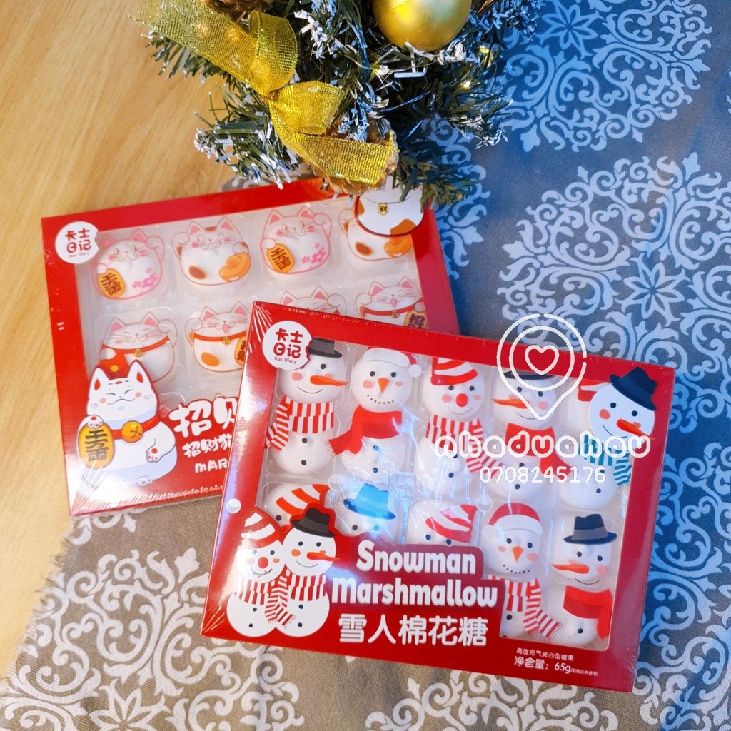HOT Noel Tết - Một hộp kẹo bông hình người tuyết/ mèo may mắn dễ thương Kas Diary Hongkong hộp 65gam