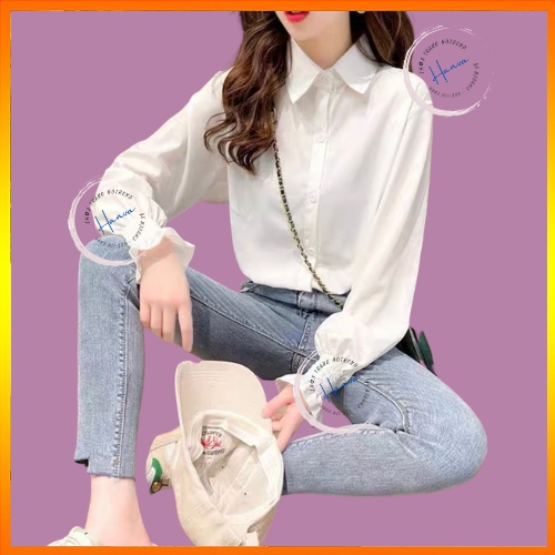 Áo Sơ Mi Nữ Dáng Dài Form Rộng Tay Bèo Bo Chun Cách Điệu Chất Đũi Xước Hanva