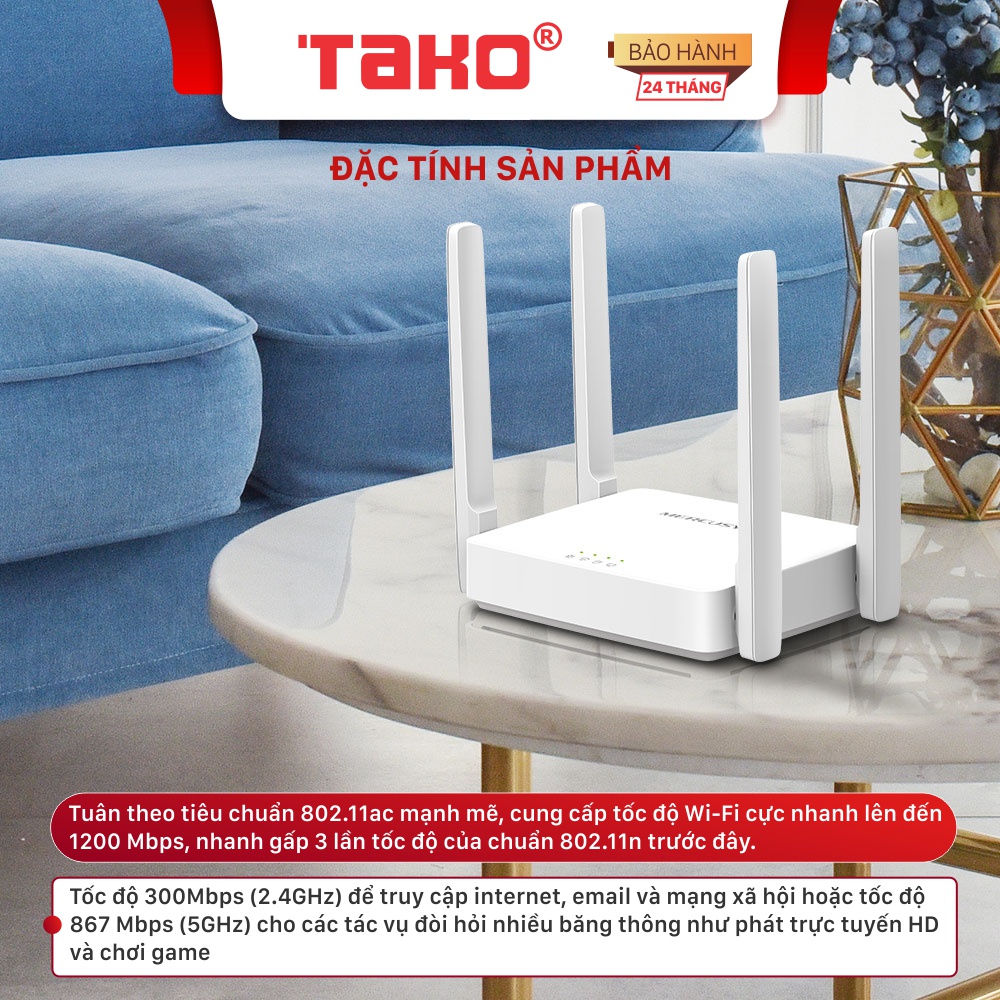 Bộ phát wifi  MERCUSYS AC10 Router Băng Tần Kép Chuẩn AC 1200Mbps . Chính hãng, BH 24 tháng