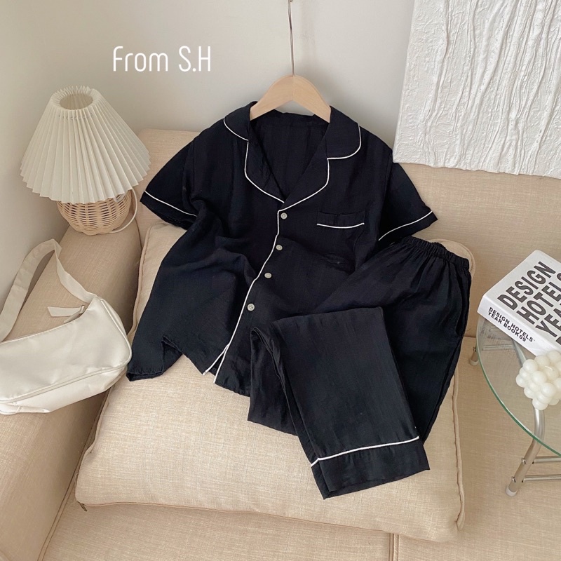 Sét bộ ngủ pyjama chất đũi xươc  trơn cổ vest