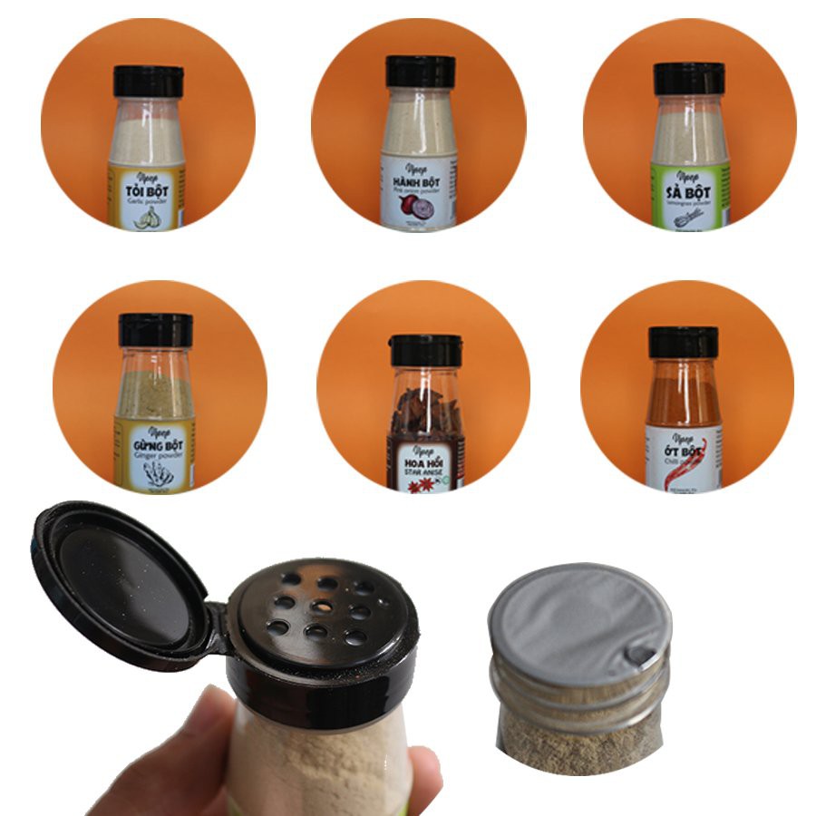 Bột Hành, Bột Tỏi, Ớt Bột, Bột Sả, Hoa hồi, Bột Gừng, Tiêu Đen, Nghệ Bột, Ngũ Vị Hương,... - Sản phẩm hũ nhỏ mua lẻ