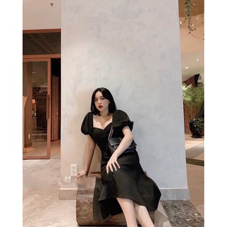 ĐẦM MIDI ĐEN CỔ TIM TAY BỒNG