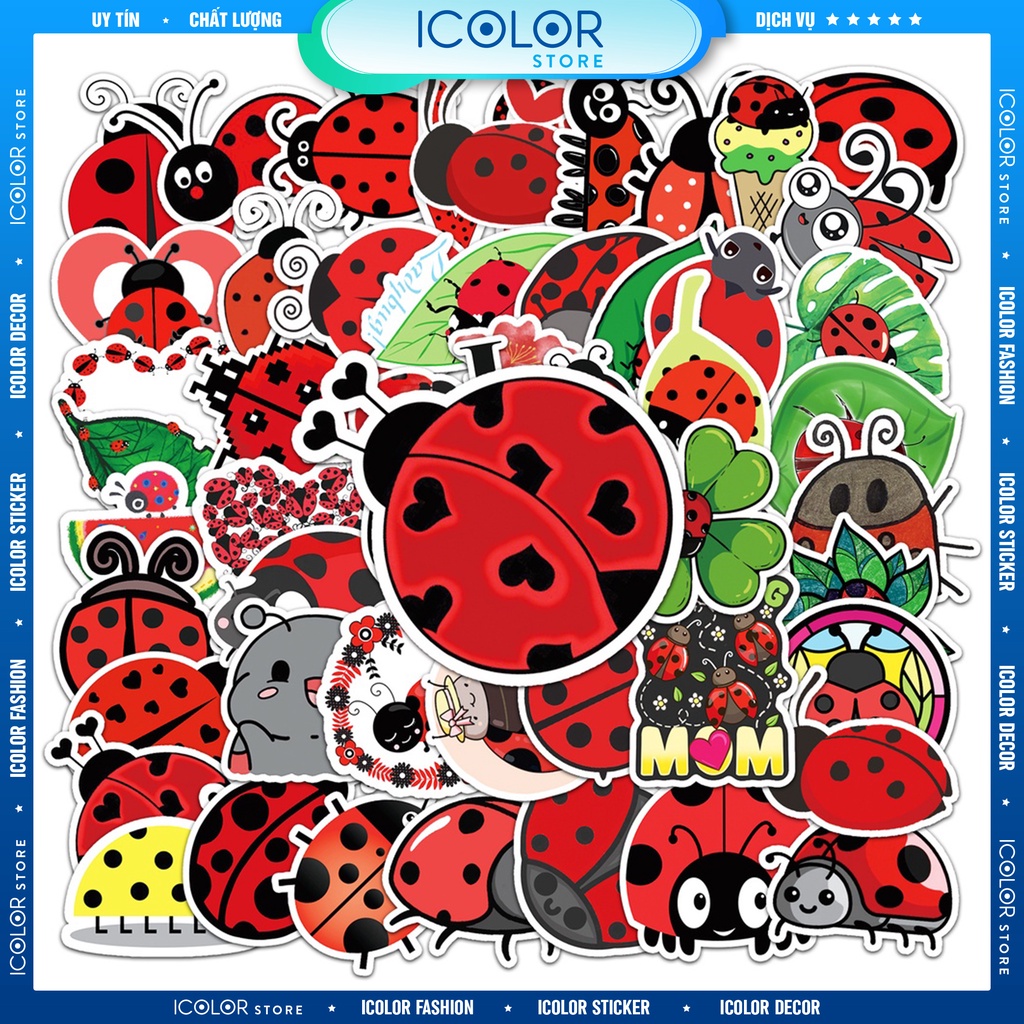 Set 50 Sticker hoạt hình chủ đề bọ rùa dễ thương Trang Trí Chống Thấm Nước dán mũ bảo hiểm, vali, laptop, ván trượt 134