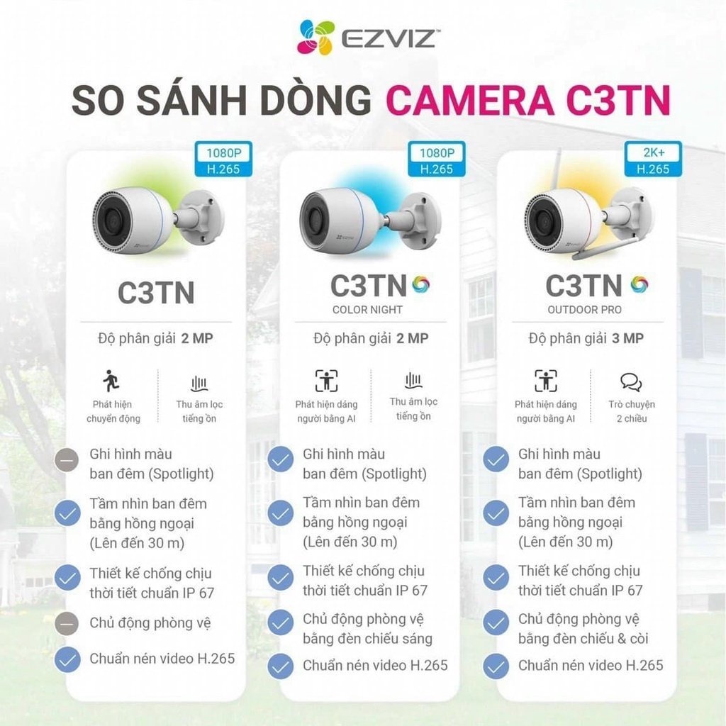 Camera Wifi Ngoài Trời Ezviz C3TN 3.0Mpx 1440P Chất lượng hình ảnh 2K QHD Có màu ban đêm Đàm thoại 2 chiều Chống nước