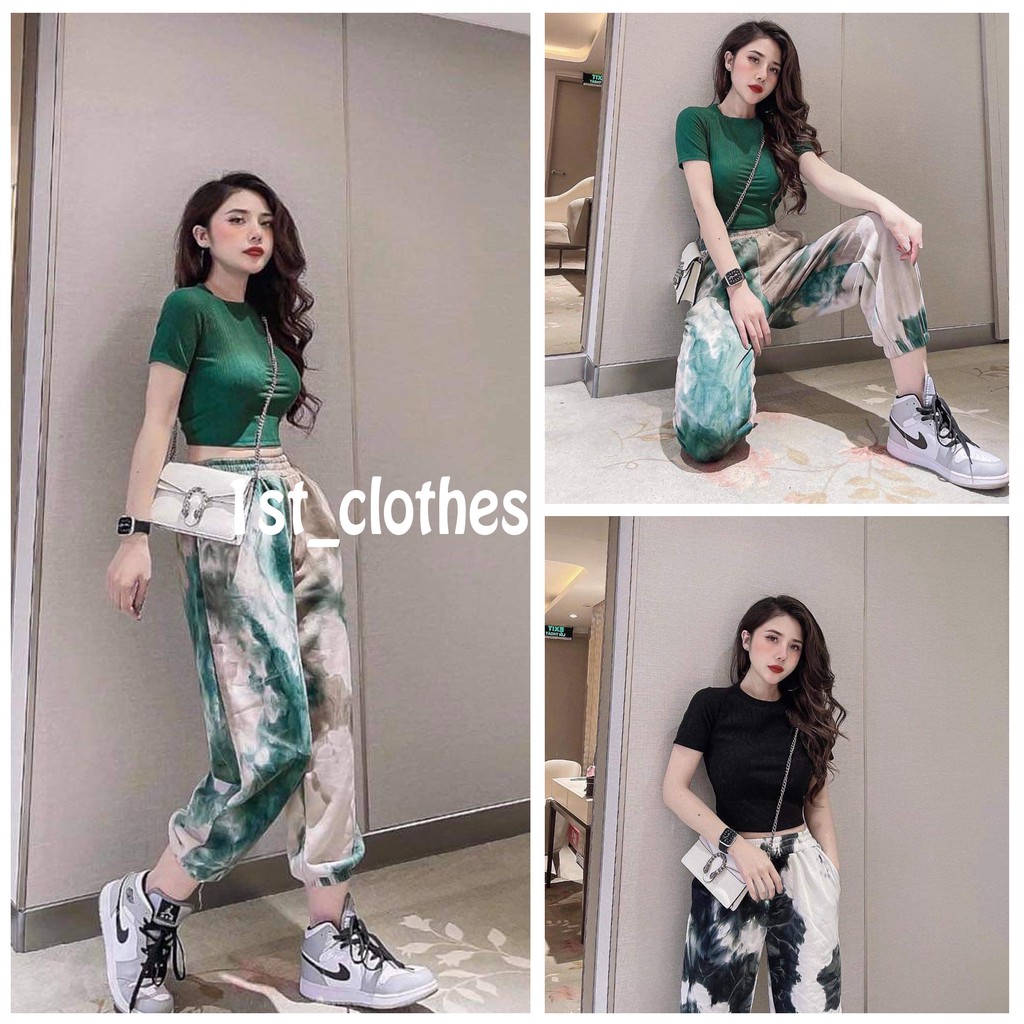Set Croptop Loang Thể  Thao Cộc Tay Mix Quần Boom Thụng Siêu Cá Tính