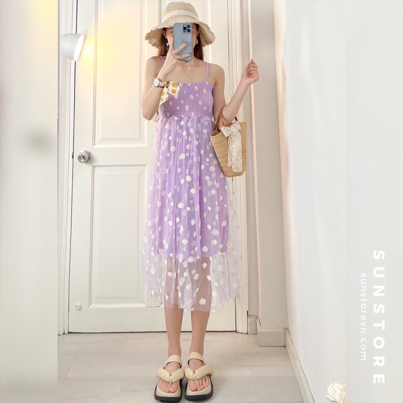 Đầm 2 dây nữ dáng midi 2s hoạ tiết hoa cúc tím mặc mùa hè màu tím