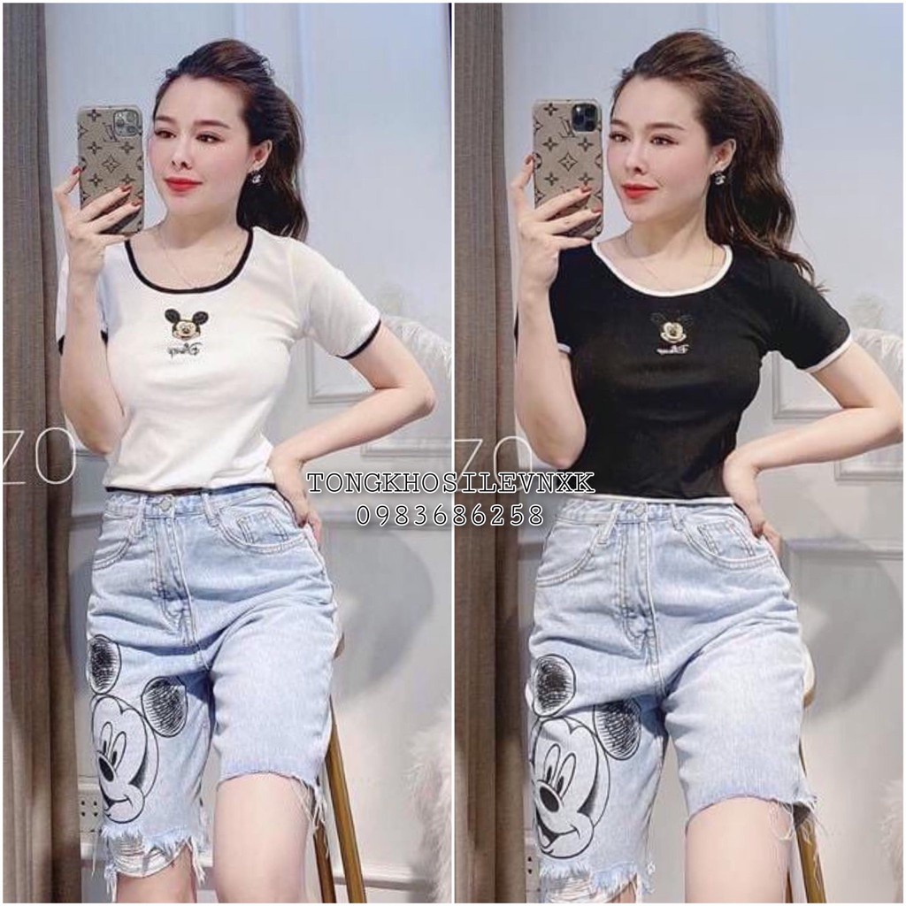 ÁO THUN CROPTOP THÊU MICKEY CHẠY VIỀN CỔ VIỀN TAY ĐEN TRẮNG HOT