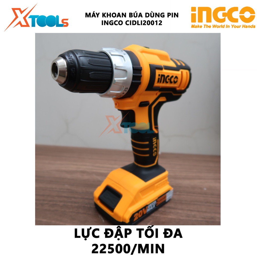Máy khoan bê tông dùng pin 20V Ingco CIDLI20012 nhông hai tốc độ 400-1500v/p, lực đập 22500v/p, có đèn làm việc, kèm 2 p