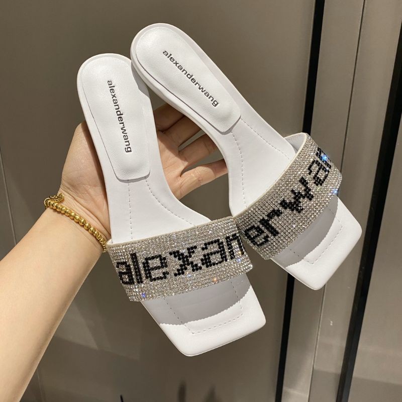 Guốc thời trang nữ mũi vuông quai ngang đính đá chữ Wang Alexander Wang AW gót 5cm