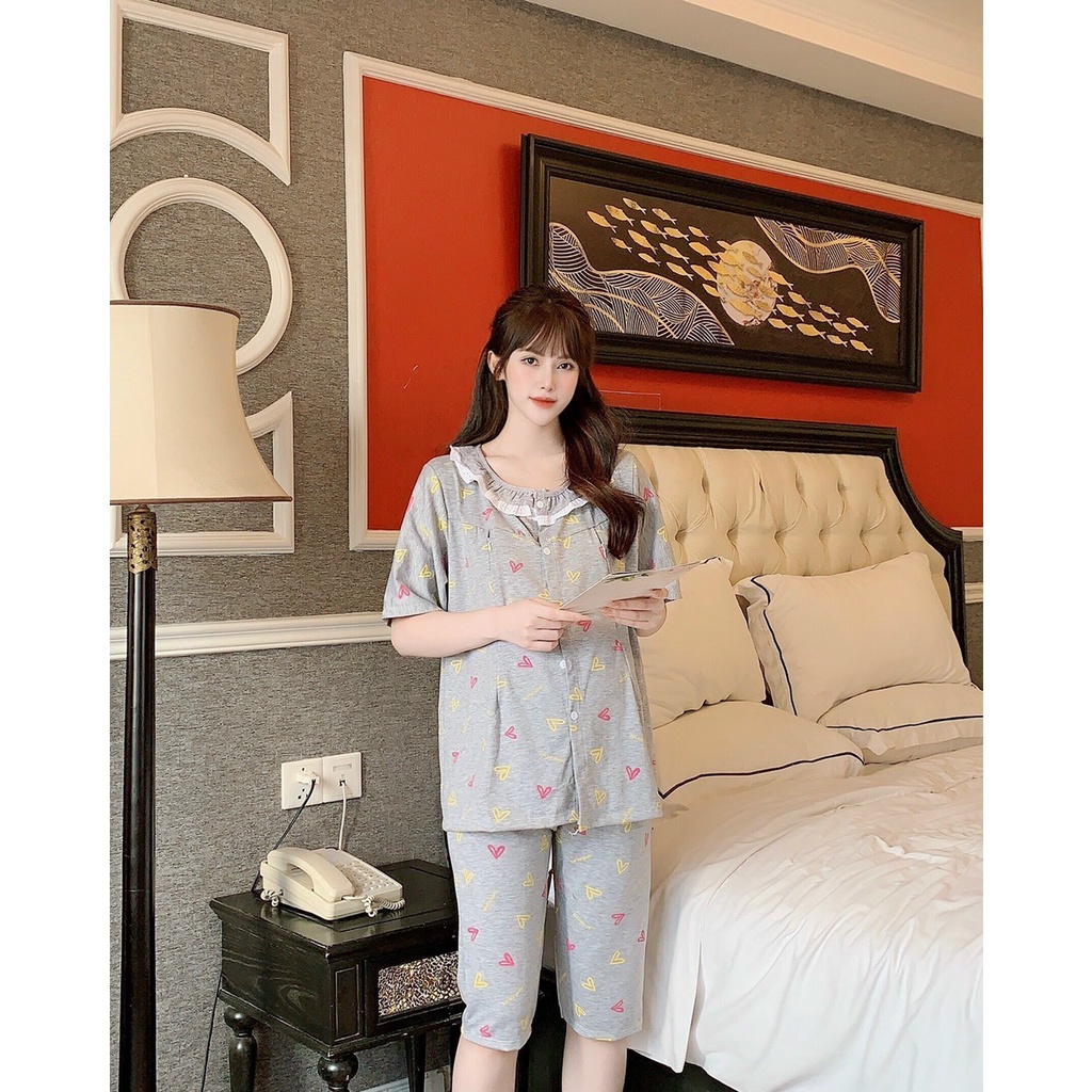 Bộ đồ bầu ngắn tay cổ sen thời trang thiết kế mặc ở nhà kết hợp sau sinh vải cotton mềm mát Mom and Baby M527