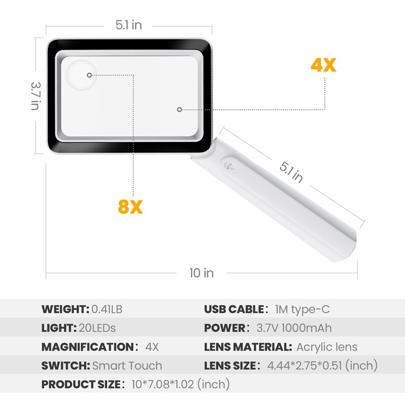 Kính Lúp 4X 20Led Hình Chữ Nhật Có Thể Sạc Lại 3 Chế Độ Sáng Tiện Dụng