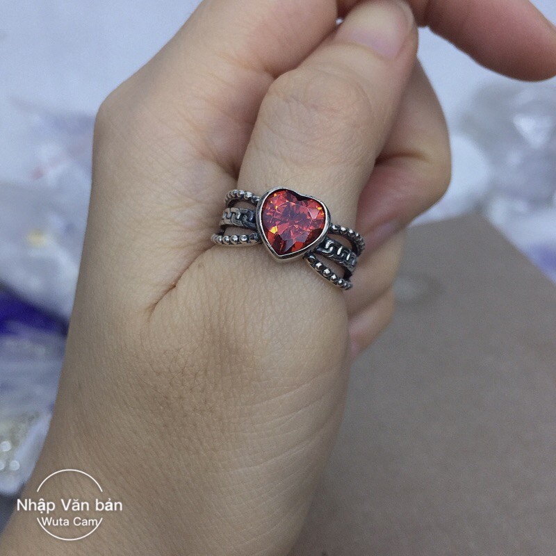 Nhẫn vặn thừng trái tim đá màu đỏ cam nhân tạo bạc thái freesize NGỌC MẬU